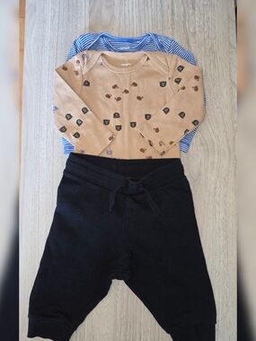 Carter's Tan Bear Print Bodysuit, Blue Striped Top & Black Pants Set